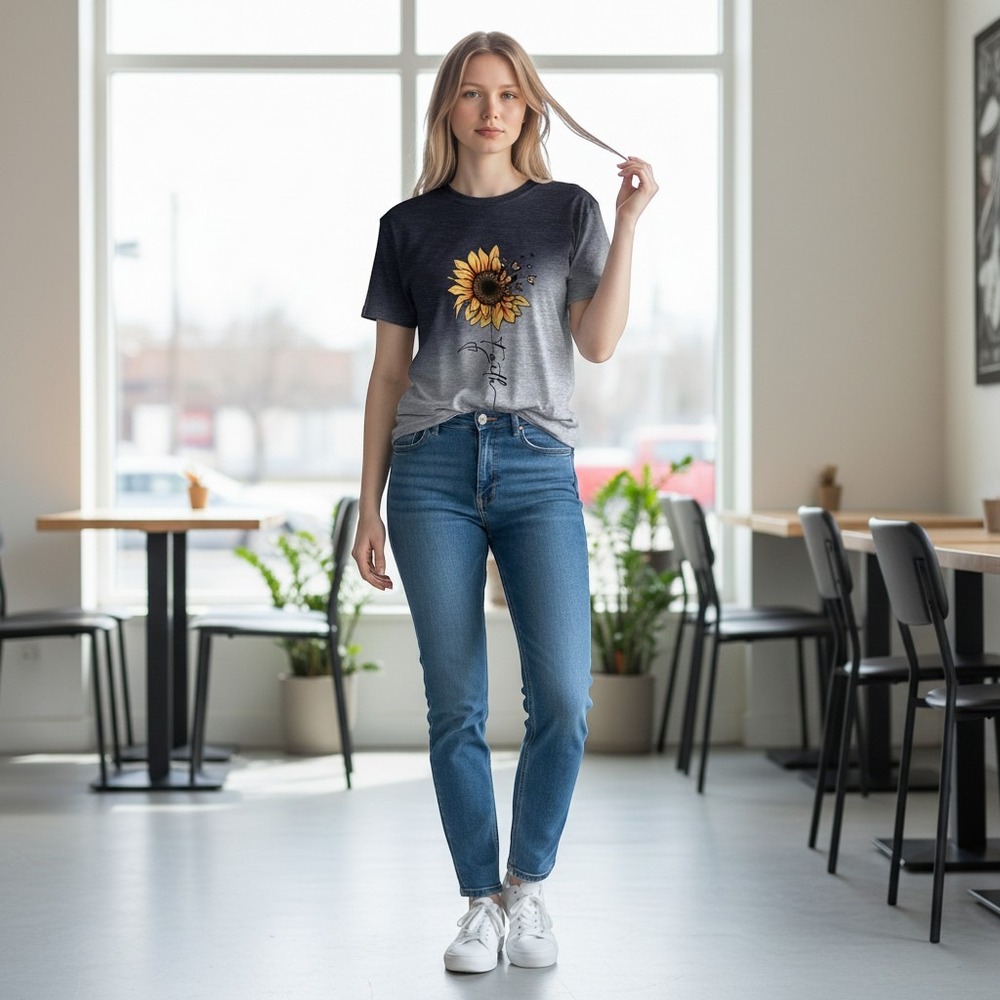 Womens Faith Sunflower Ombre Graphic Tee Gray Charcoal‎ Short Sleeve L